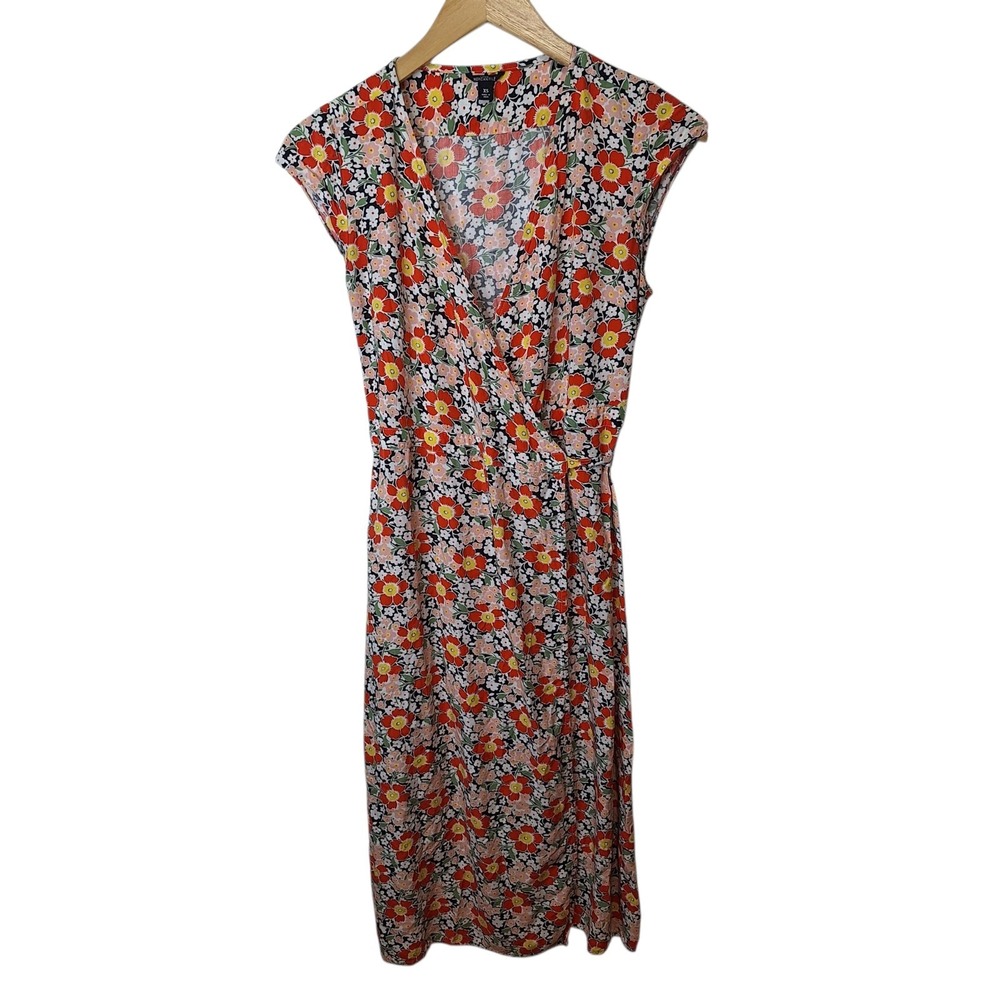 J. Crew Mercantile‎ Midi Wrap Cap Sleeve Dress Size XS Viscose Red Pink Floral